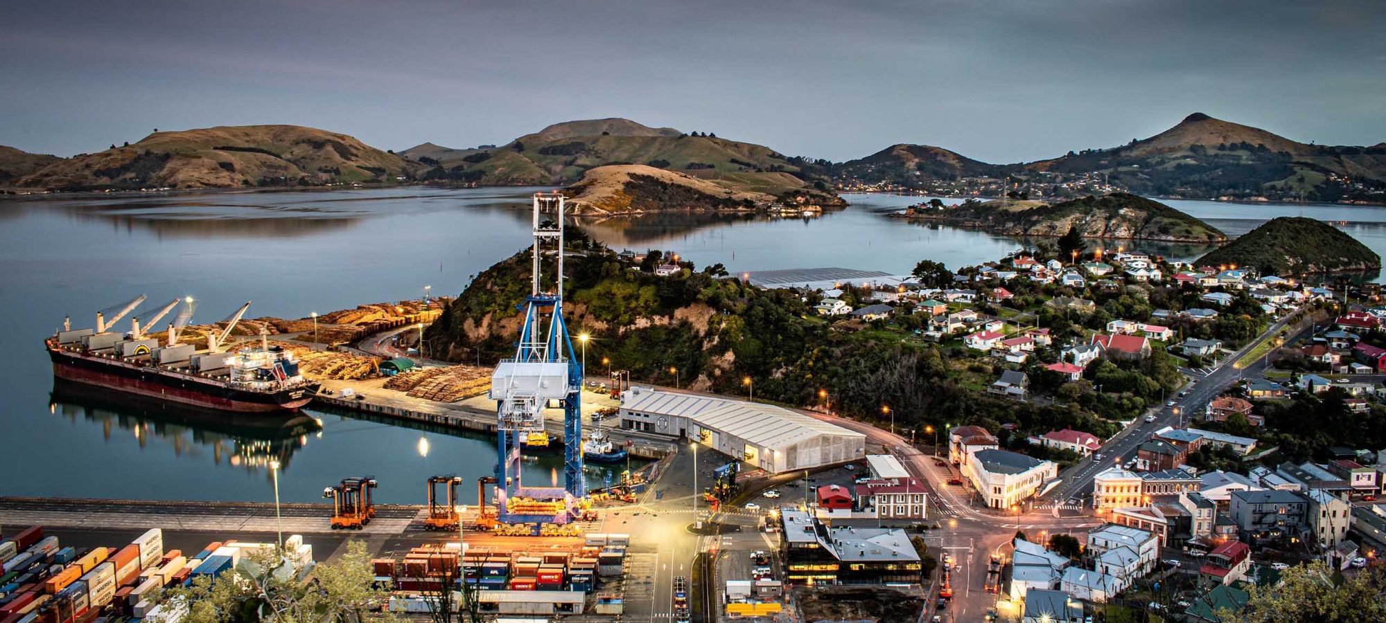 Shipping Port of Port Chalmers, Dunedin, Otago at nighttime