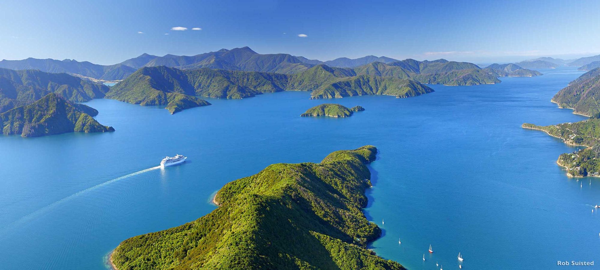 Cruise ship in Marlborough Sounds, New Zealand. Leaving Picton i