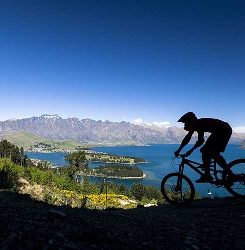 Silhouette of mountain bike rider in Queenstown, New Zealand