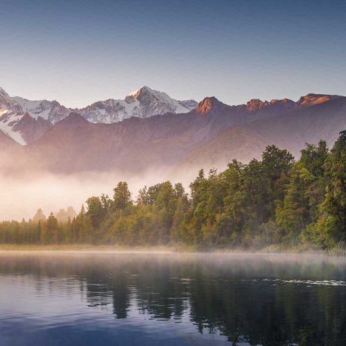 West Coast region Mount Cook and Mount Tasman view reflection on Lake Matheson at dusk